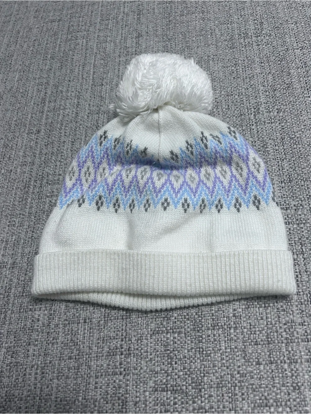 Janie and Jack White Knit Pom Beanie with Purple and Blue Fair Isle. Size 0-3M